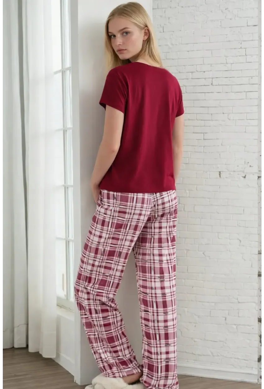 Ayıcık Baskılı Ekose Alt Kadın Pijama Takımı – Bordo Rahat Seri