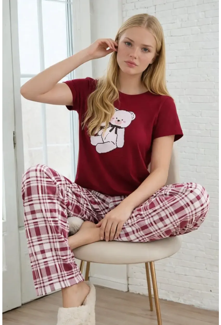Ayıcık Baskılı Ekose Alt Kadın Pijama Takımı – Bordo Rahat Seri