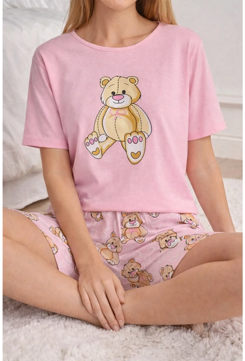 Ayıcık Baskılı Şortlu Kadın Pijama Takımı Pembe