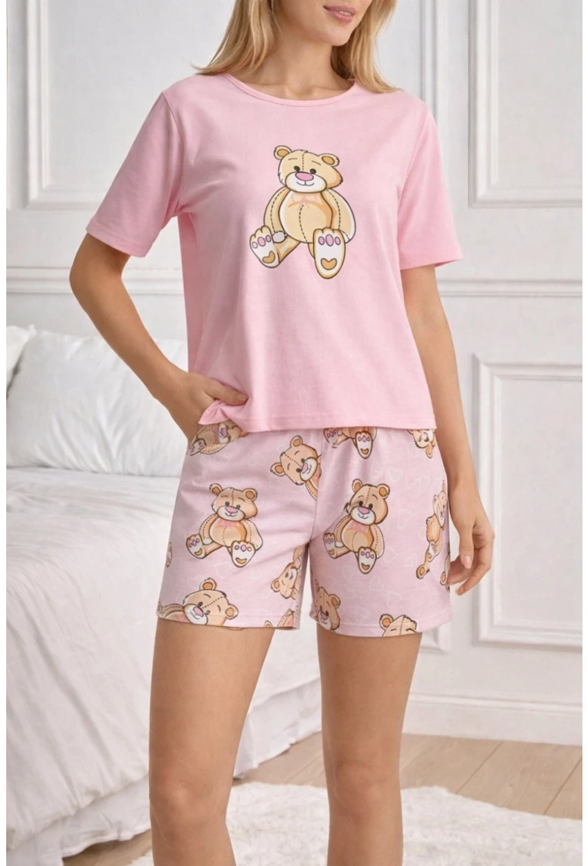 Ayıcık Baskılı Şortlu Kadın Pijama Takımı Pembe