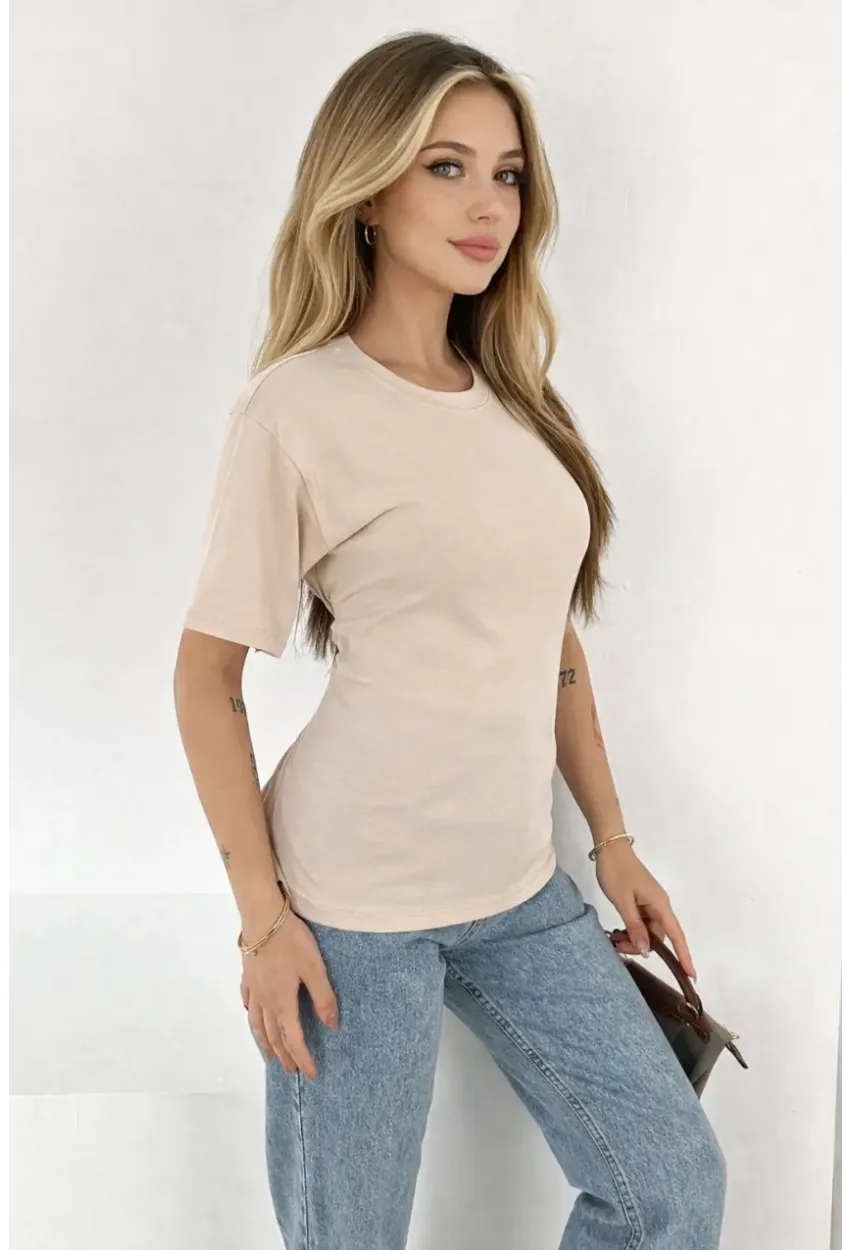 Bağlama Detaylı Kısa Kollu Tişört Bej