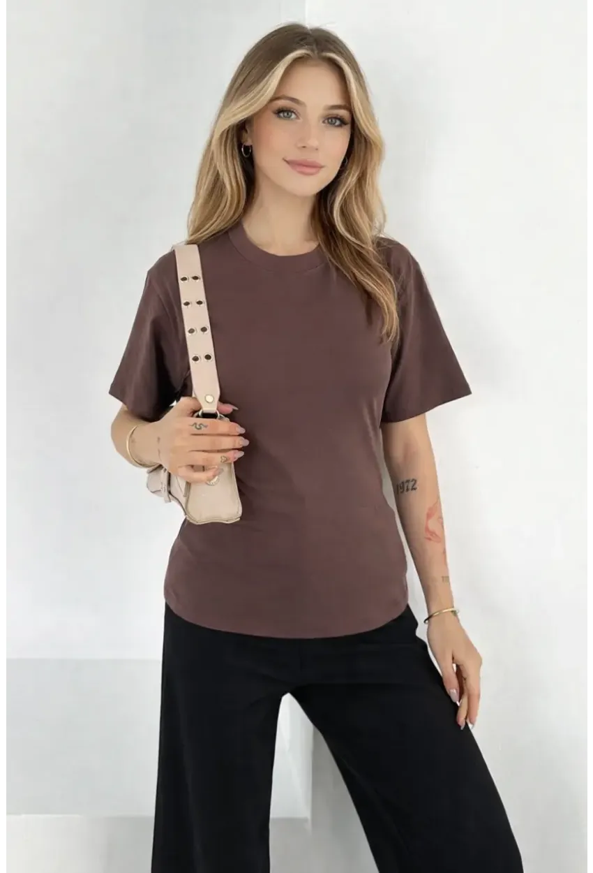 Bağlama Detaylı Kısa Kollu Tişört Kahverengi