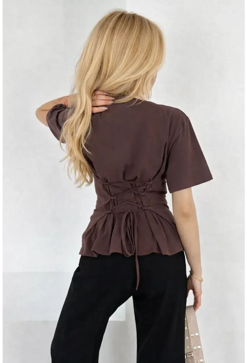 Bağlama Detaylı Kısa Kollu Tişört Kahverengi