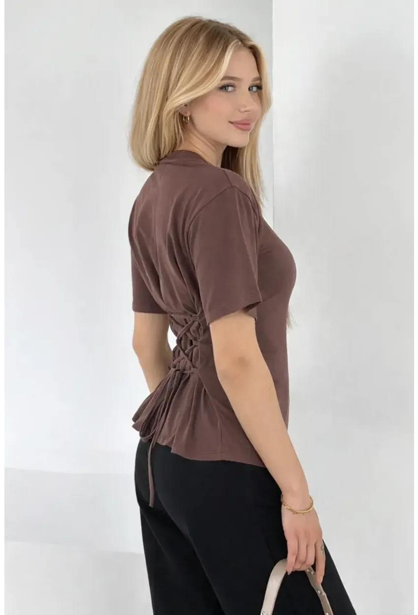 Bağlama Detaylı Kısa Kollu Tişört Kahverengi