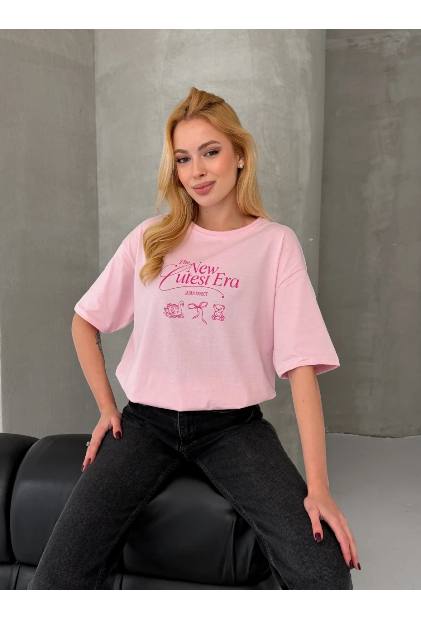 Baskılı Oversize Kadın Tişört Pembe