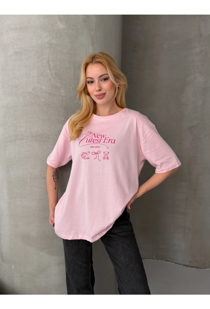 Baskılı Oversize Kadın Tişört Pembe
