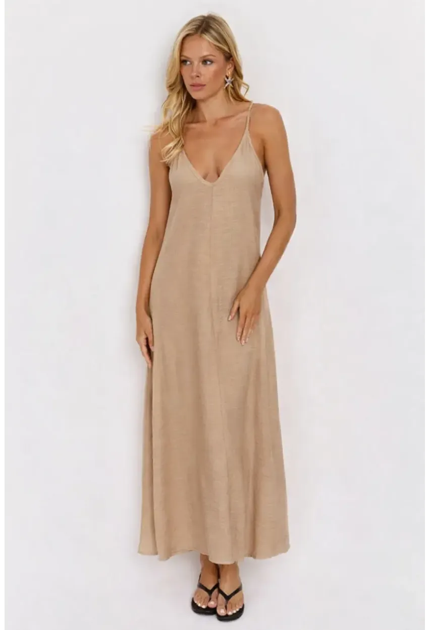 Bej Askılı Salaş Maxi Elbise