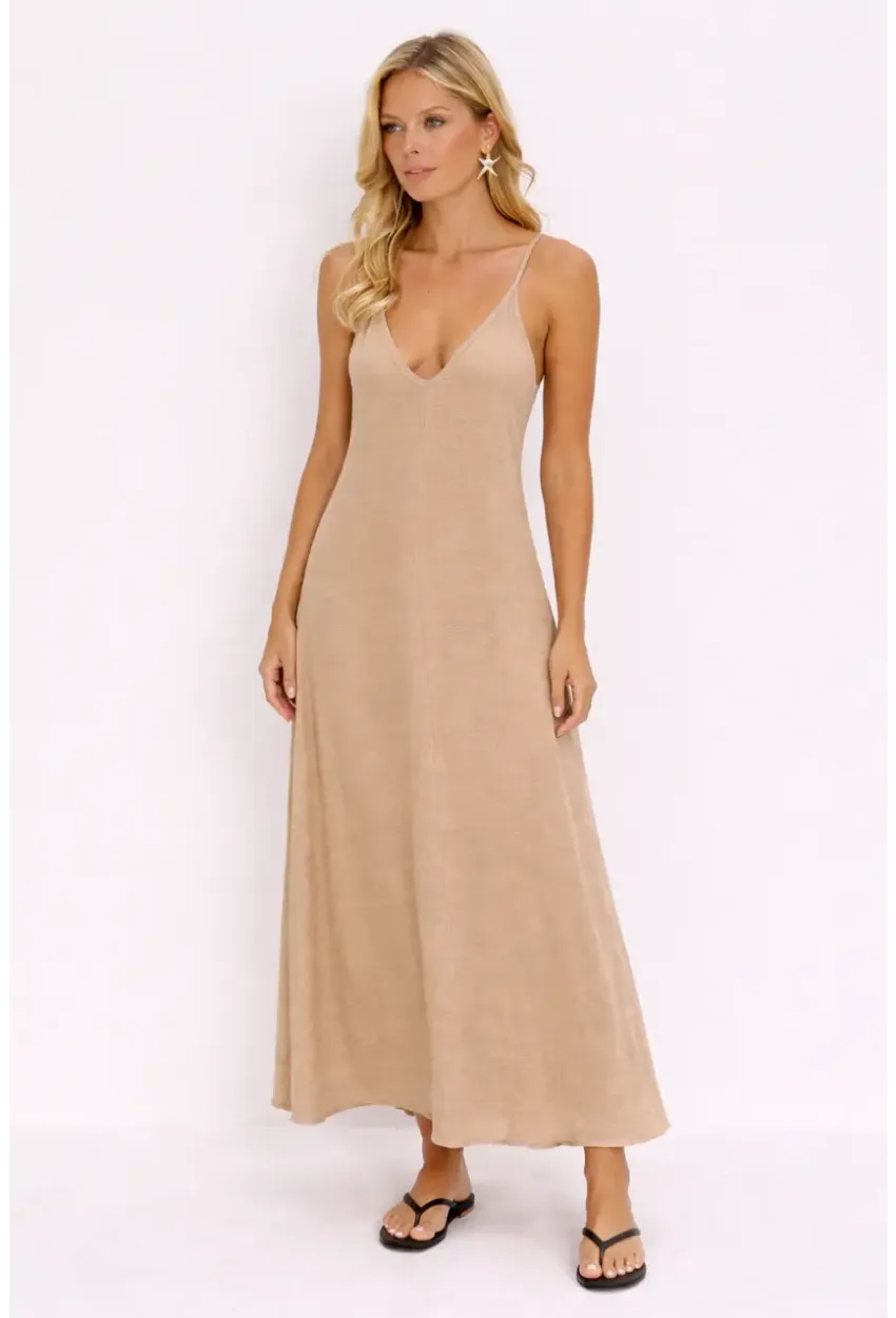 Bej Askılı Salaş Maxi Elbise
