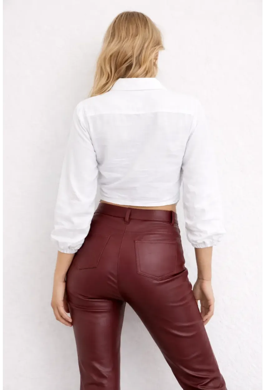 Beyaz Bağlamalı Crop Gömlek – Lastikli Kol Detaylı Yazlık Kadın Gömlek