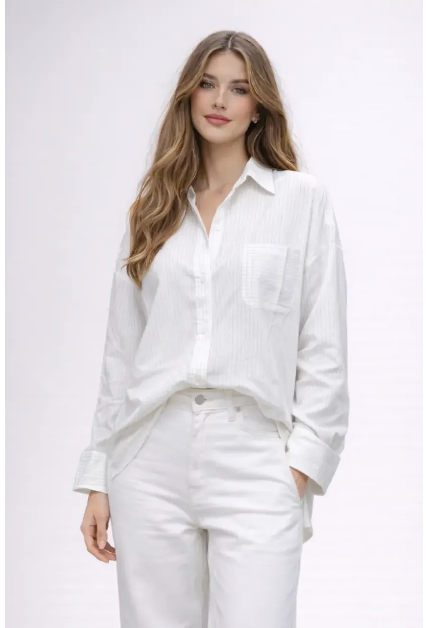 Beyaz Çizgili Jakar Kumaş Oversize Gömlek