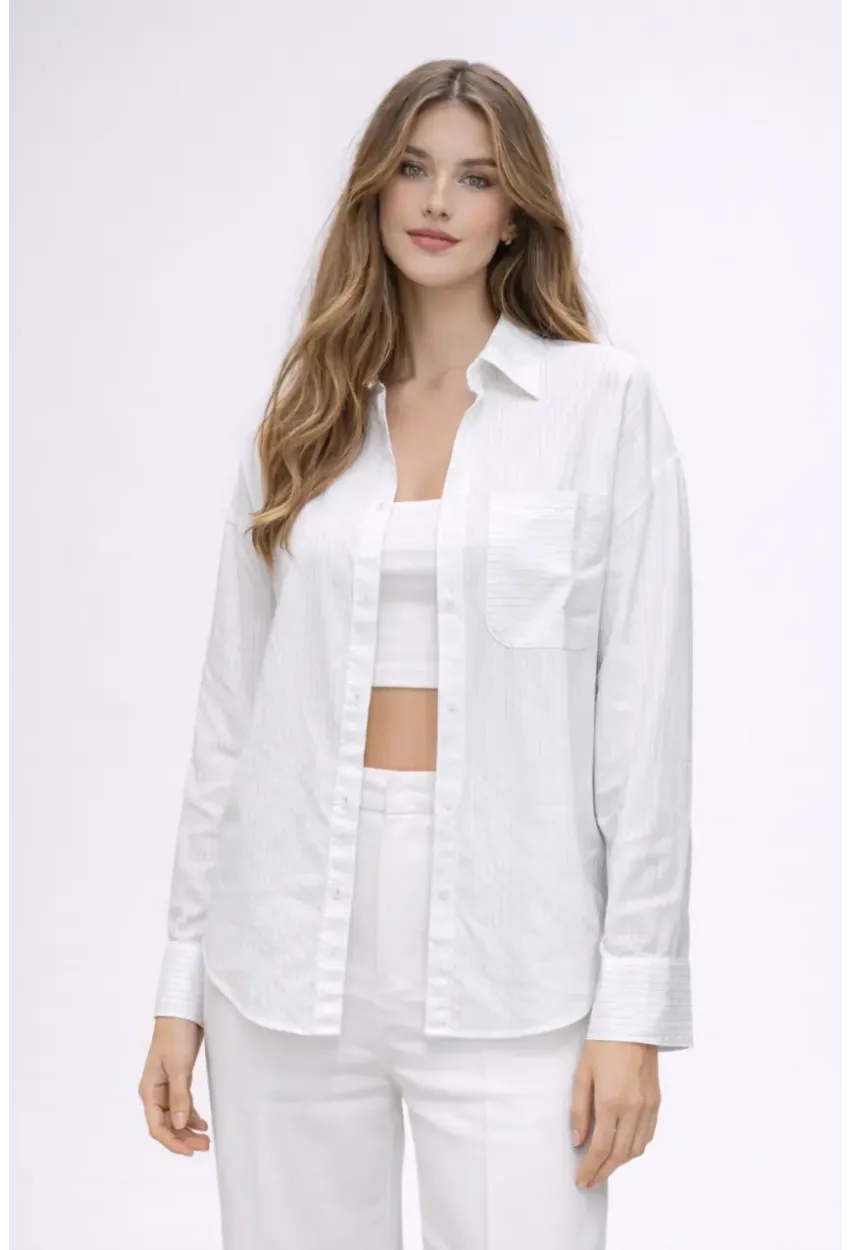 Beyaz Çizgili Jakar Kumaş Oversize Gömlek