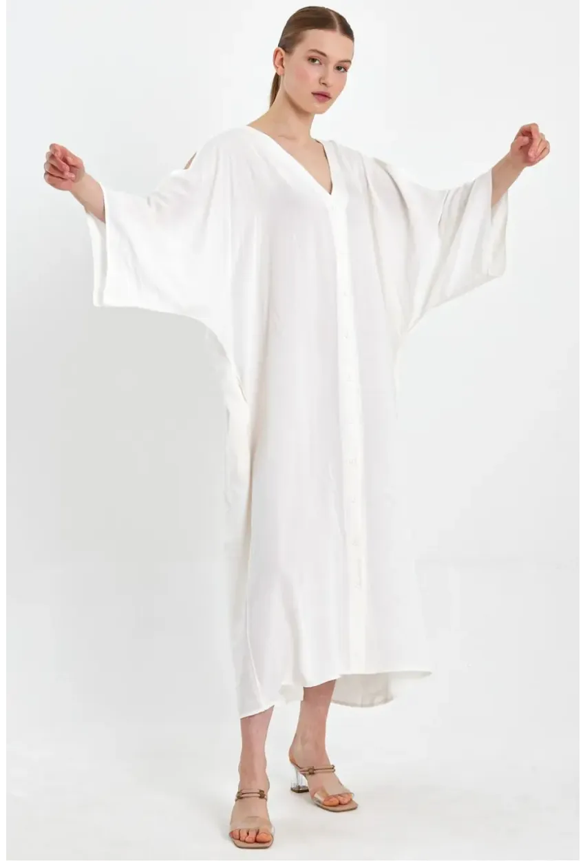 Beyaz Sırt Etnik Nakışlı Maxi Boy Gömlek Elbise