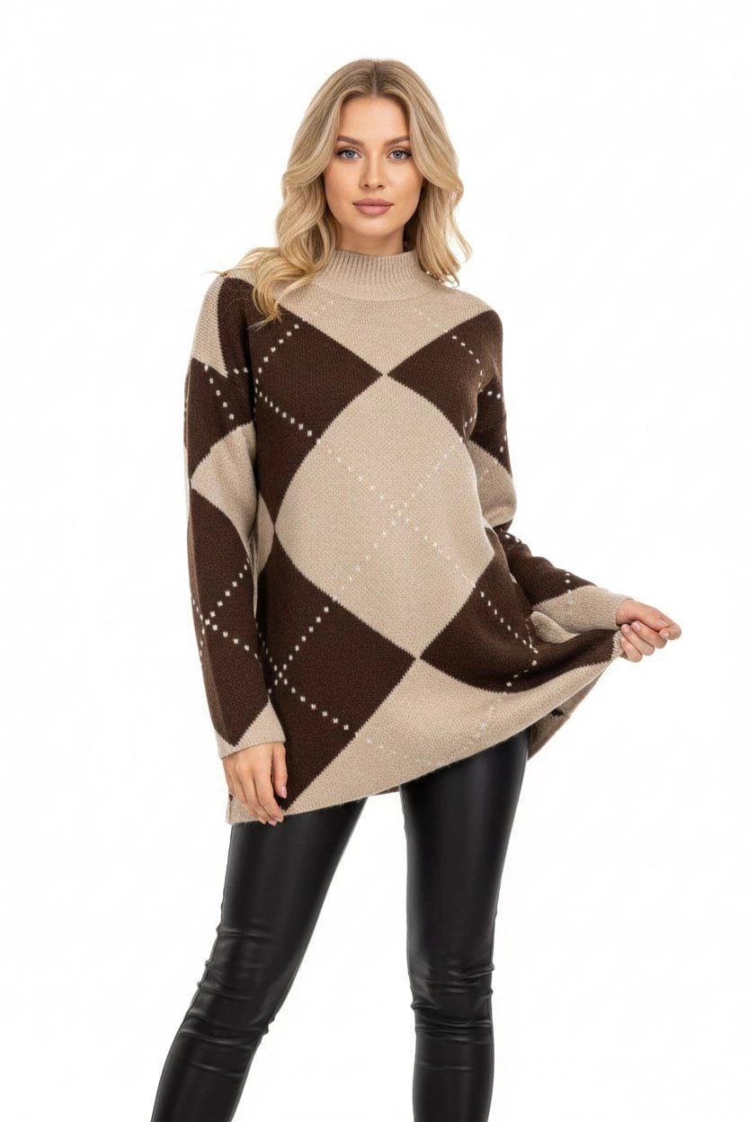 Bisiklet Yaka Baklava Desenli Triko Kazak