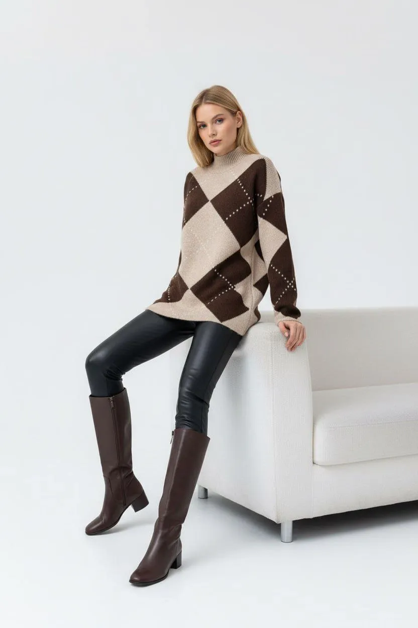 Bisiklet Yaka Baklava Desenli Triko Kazak