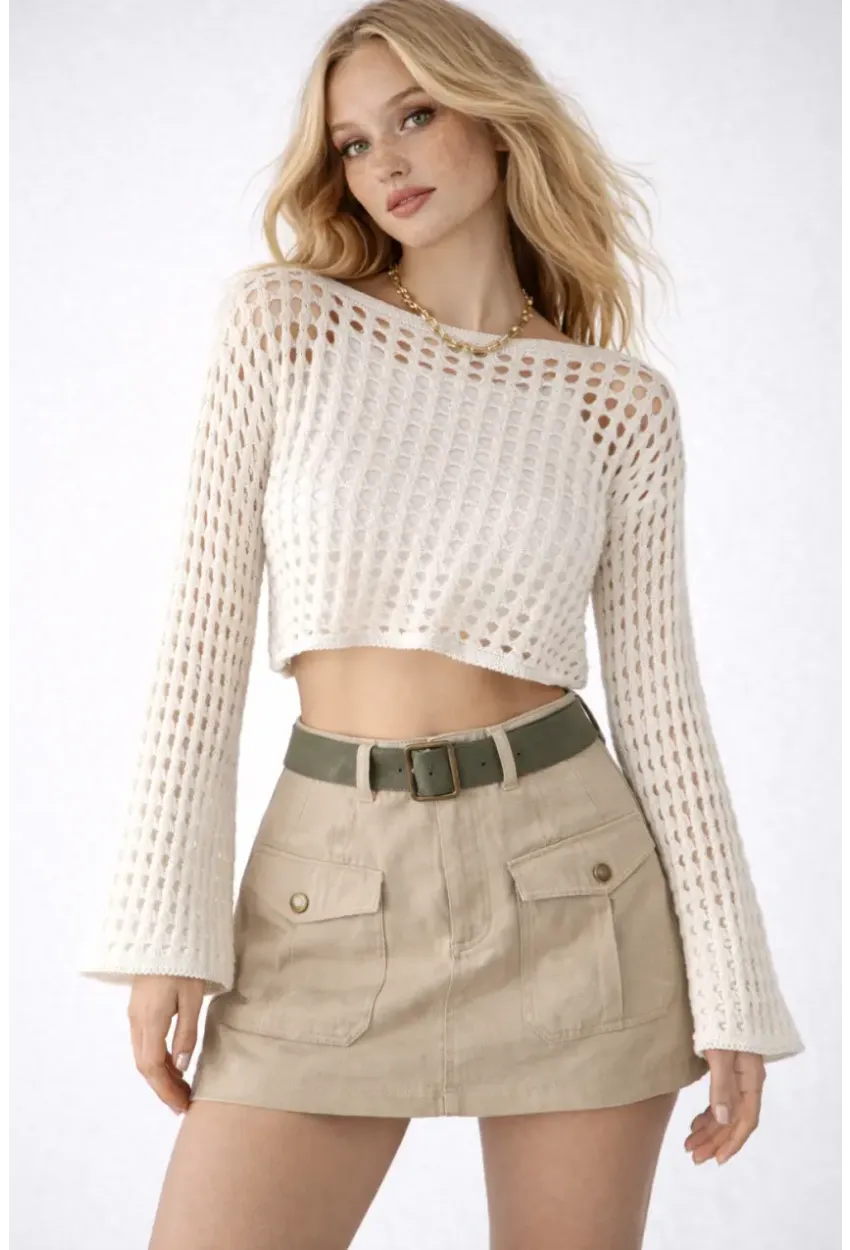 Bohem Beyaz Dantel Crop Bluz – Uzun Kollu Bol Kesim