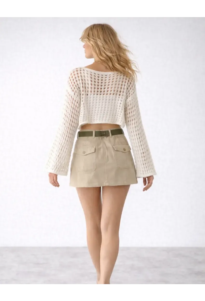 Bohem Beyaz Dantel Crop Bluz – Uzun Kollu Bol Kesim