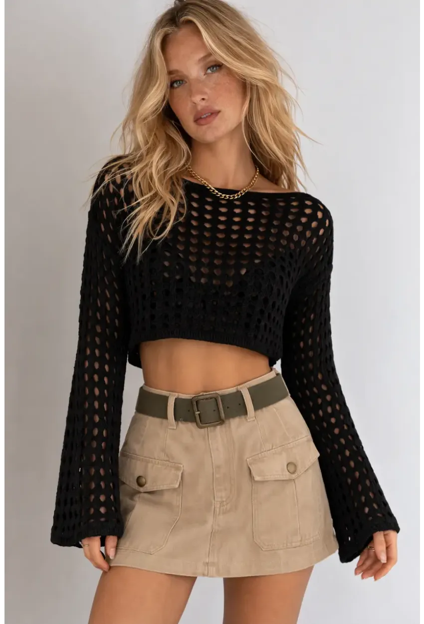 Bohem Siyah Dantel Crop Bluz – Uzun Kollu Bol Kesim