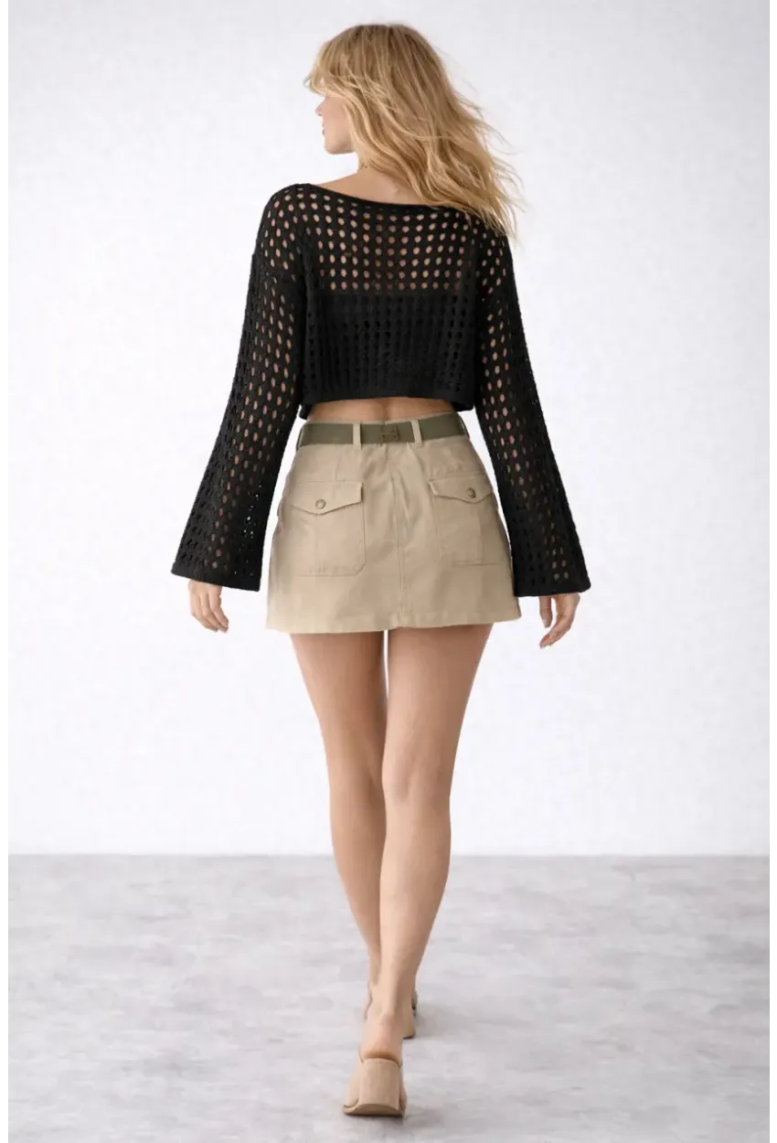 Bohem Siyah Dantel Crop Bluz – Uzun Kollu Bol Kesim