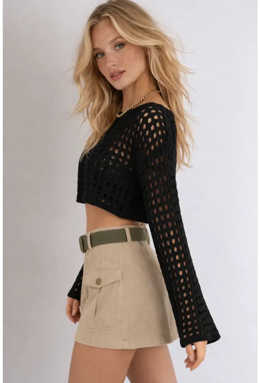 Bohem Siyah Dantel Crop Bluz – Uzun Kollu Bol Kesim