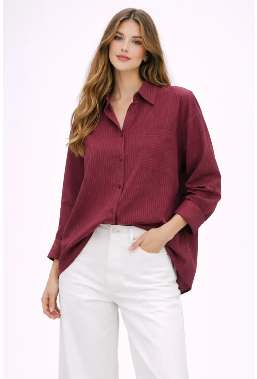 Bordo Çizgili Jakar Kumaş Oversize Gömlek