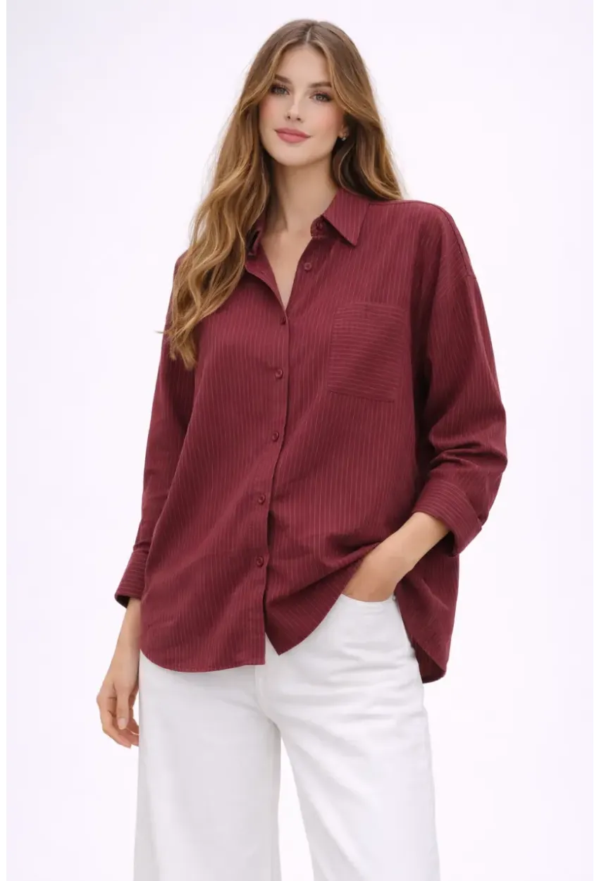 Bordo Çizgili Jakar Kumaş Oversize Gömlek