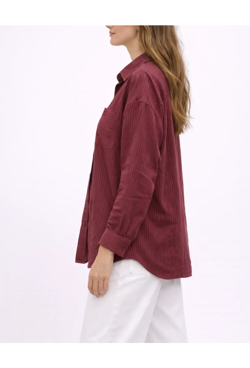 Bordo Çizgili Jakar Kumaş Oversize Gömlek