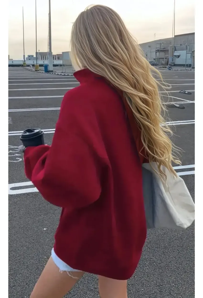 Bordo NYC Fermuarlı Üç İplik Oversize Sweatshirt