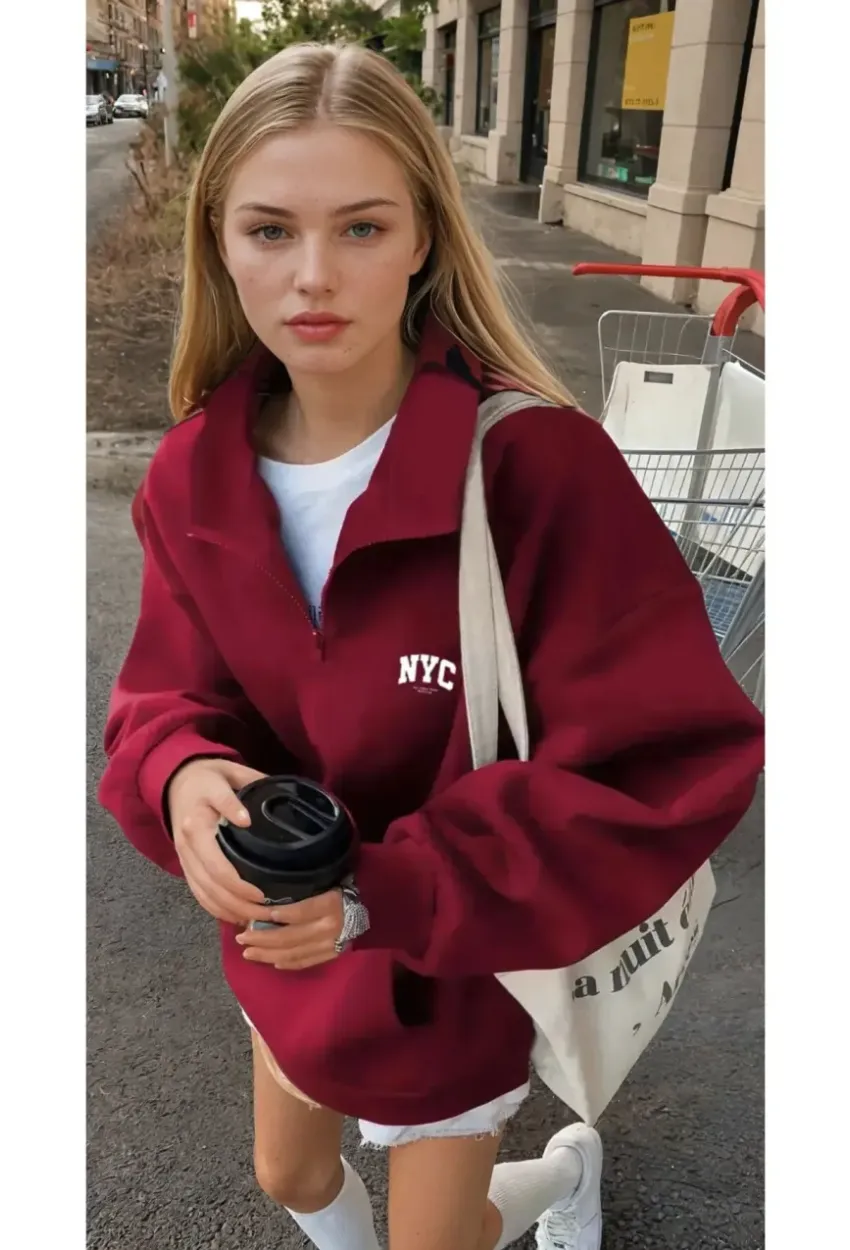 Bordo NYC Fermuarlı Üç İplik Oversize Sweatshirt