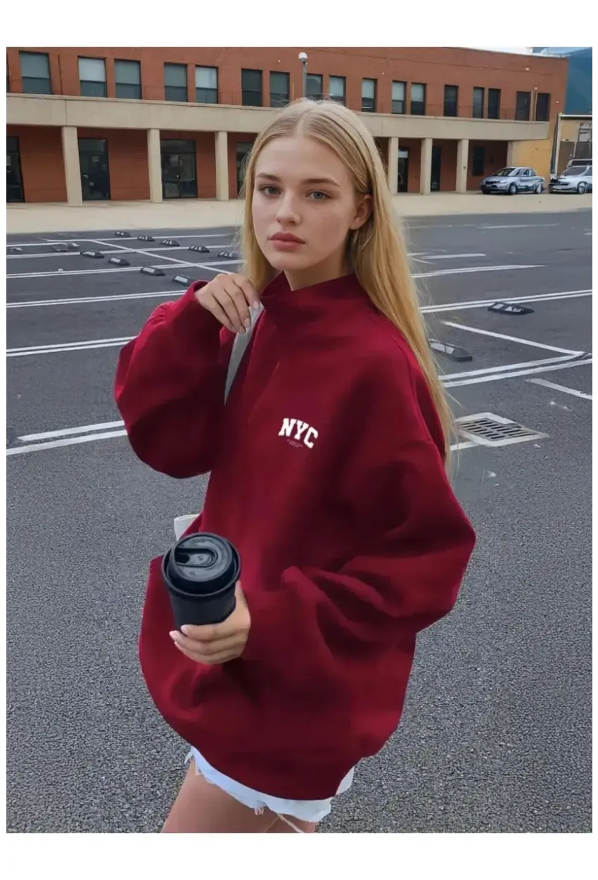 Bordo NYC Fermuarlı Üç İplik Oversize Sweatshirt