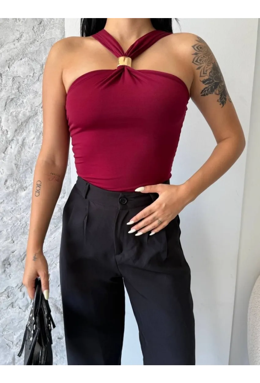 Bordo Sandy Kumaş Yaka Detay Bluz