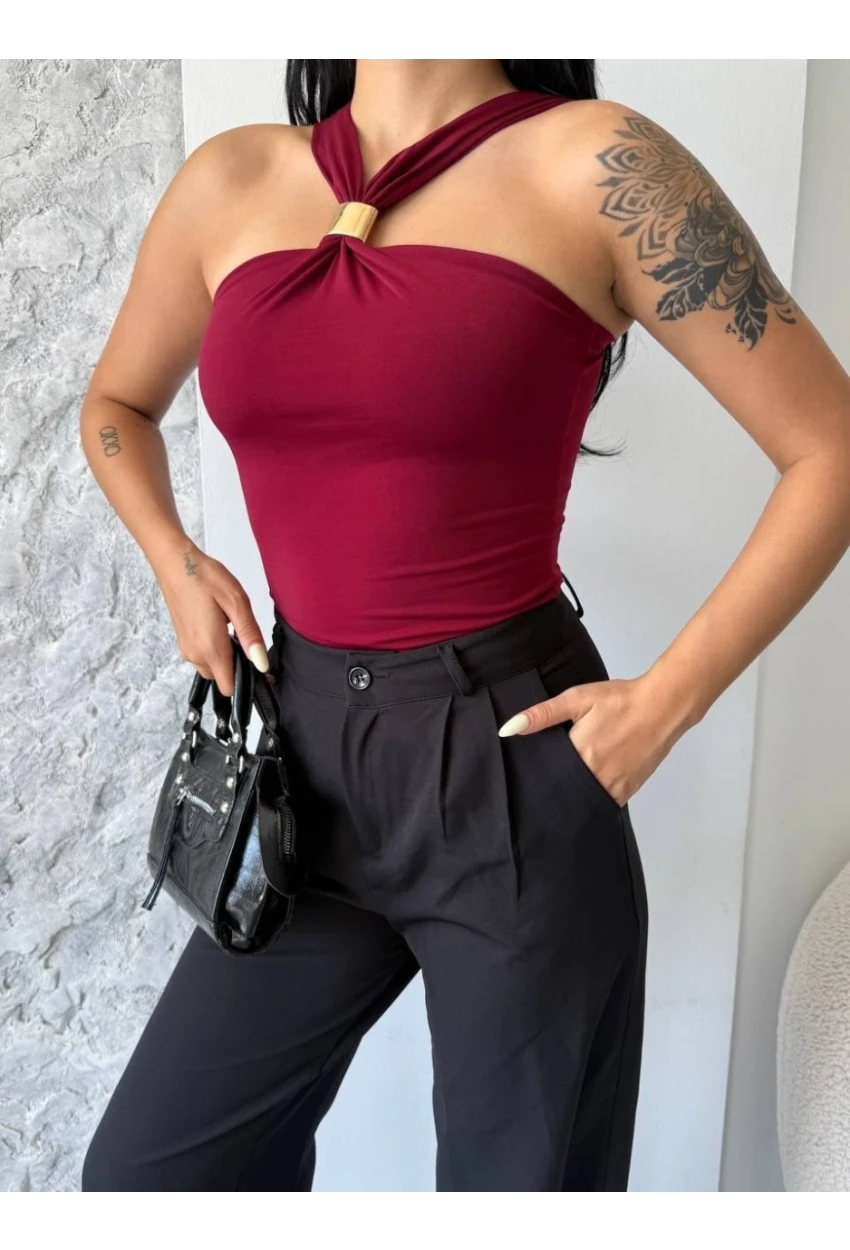 Bordo Sandy Kumaş Yaka Detay Bluz