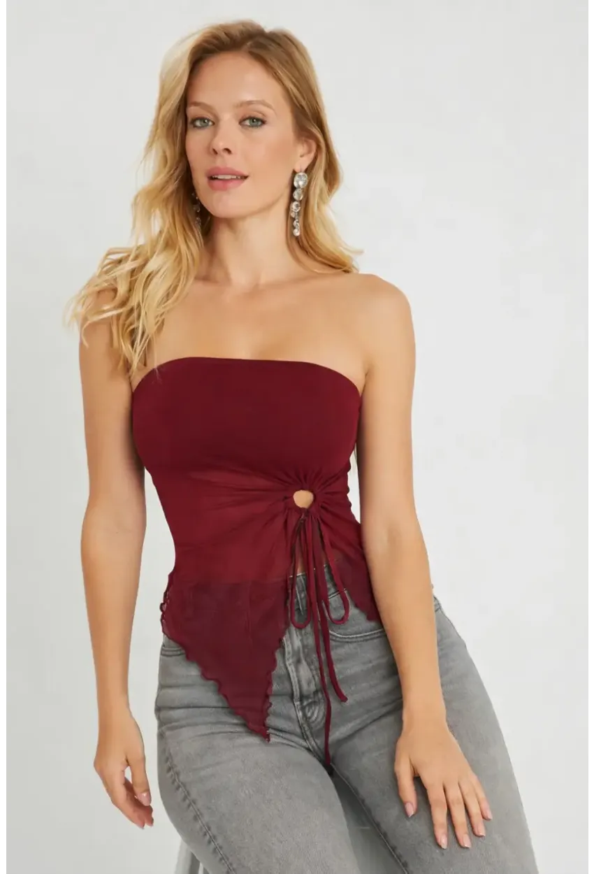 Bordo Straplez Tül Detaylı Büzgülü Crop Bluz