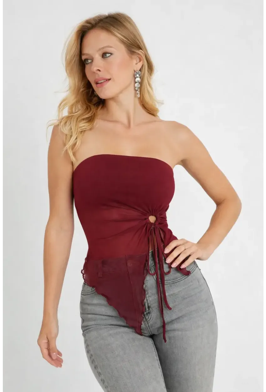 Bordo Straplez Tül Detaylı Büzgülü Crop Bluz