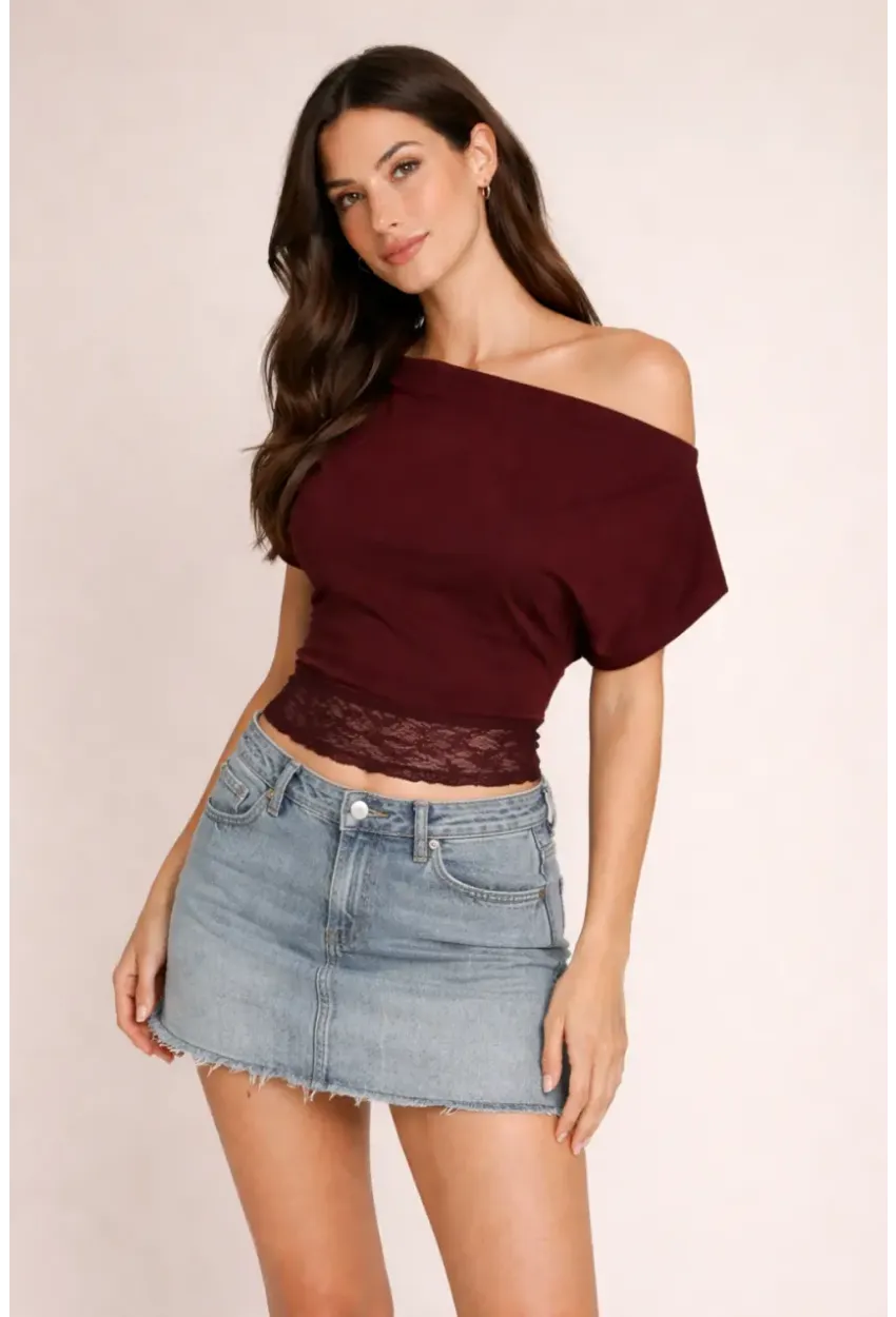 Bordo Tek Omuz Drapeli Dantel Detaylı Kadın Bluz