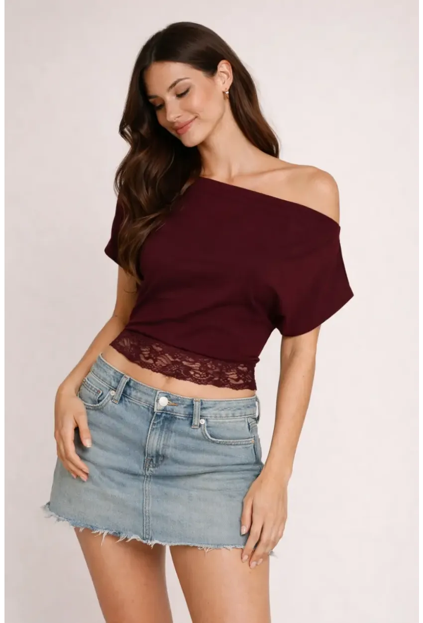 Bordo Tek Omuz Drapeli Dantel Detaylı Kadın Bluz