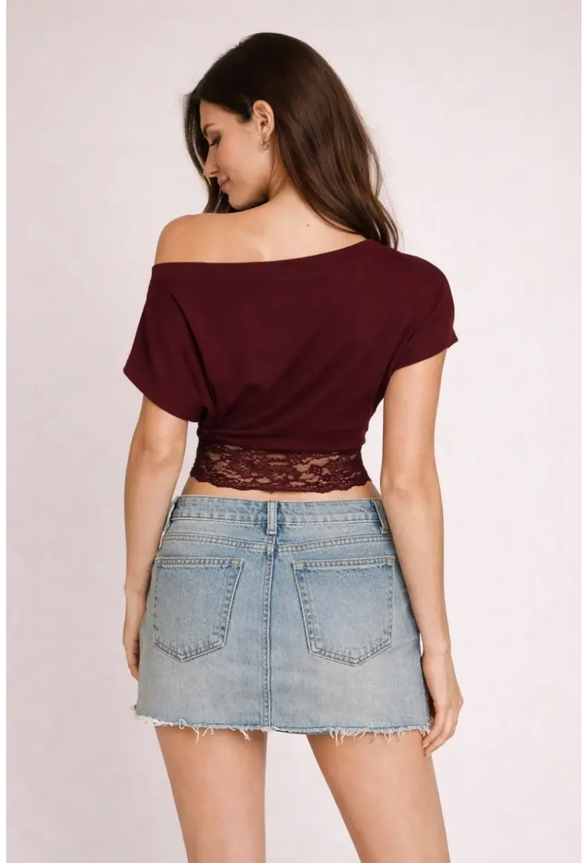 Bordo Tek Omuz Drapeli Dantel Detaylı Kadın Bluz