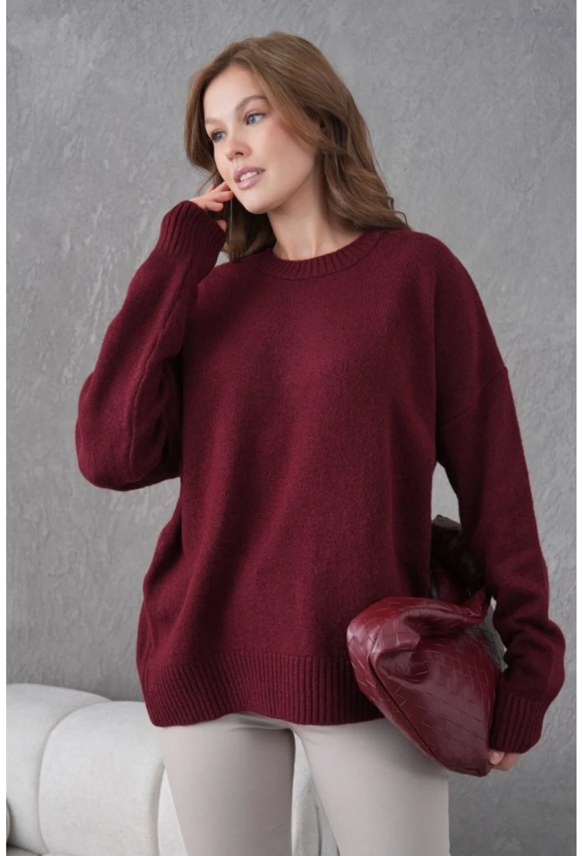 Bordo Yumuşak Dokulu Uzun Kollu Triko Kazak