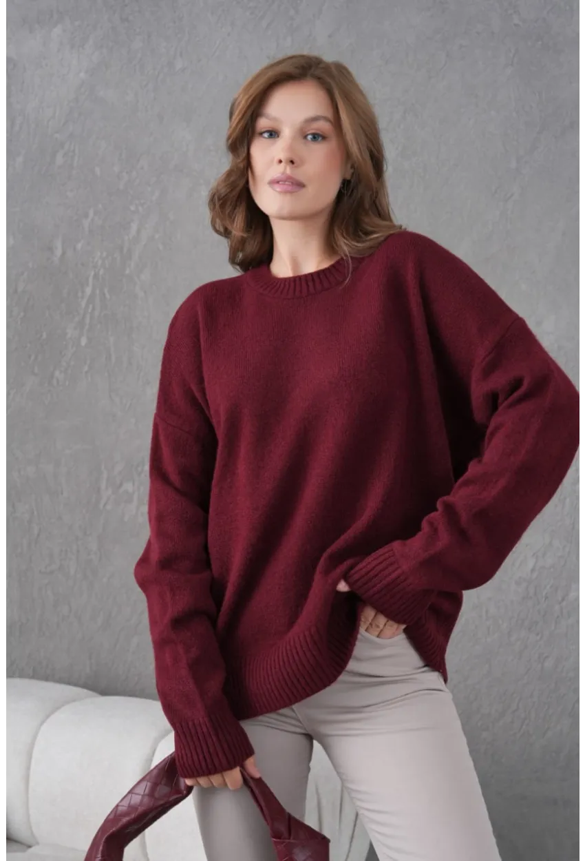 Bordo Yumuşak Dokulu Uzun Kollu Triko Kazak