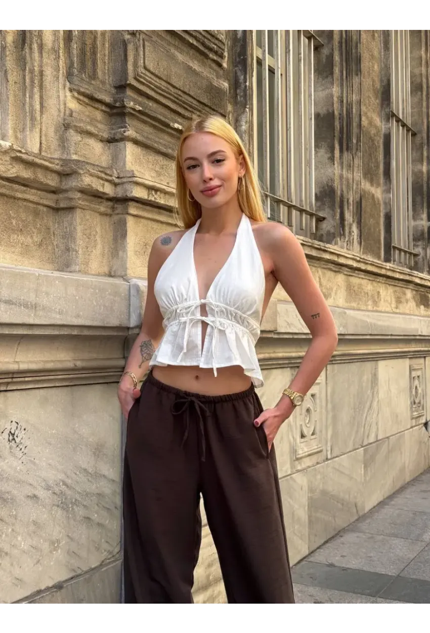 Boyundan Bağlamalı Sırtı Açık Keten Bluz Beyaz