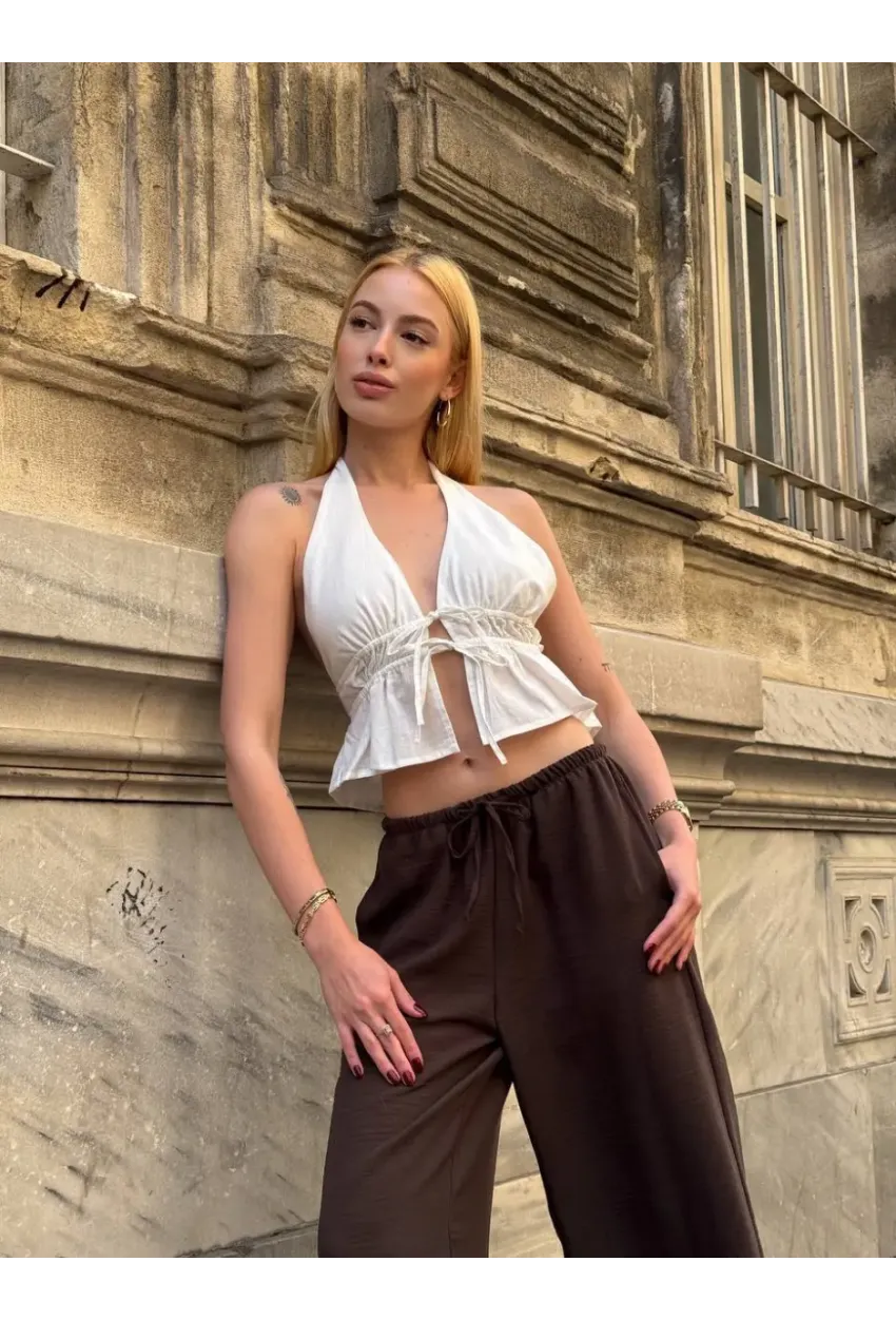 Boyundan Bağlamalı Sırtı Açık Keten Bluz Beyaz