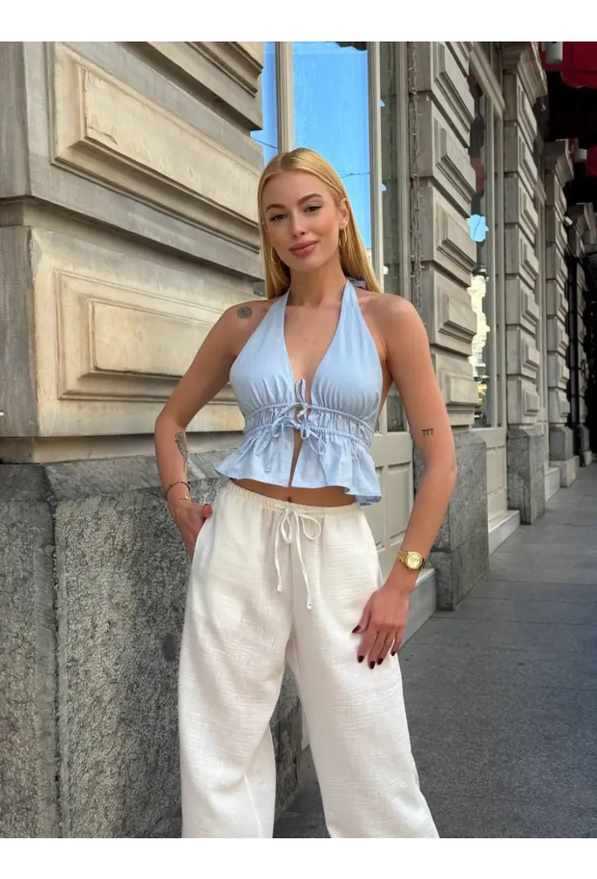 Boyundan Bağlamalı Sırtı Açık Keten Bluz Mavi