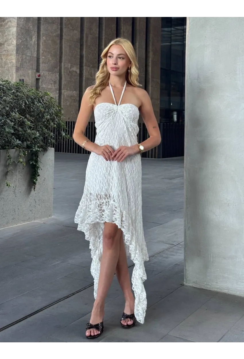 Boyundan Bağlamalı Straplez Asimetrik Astarlı Dantel Elbise Beyaz