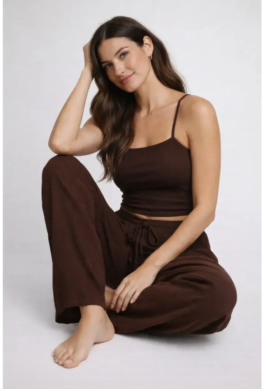 Bürümcük Kumaş Lastikli Bel Salaş Pantolon – Kahve Rahat Kesim Günlük Şıklık