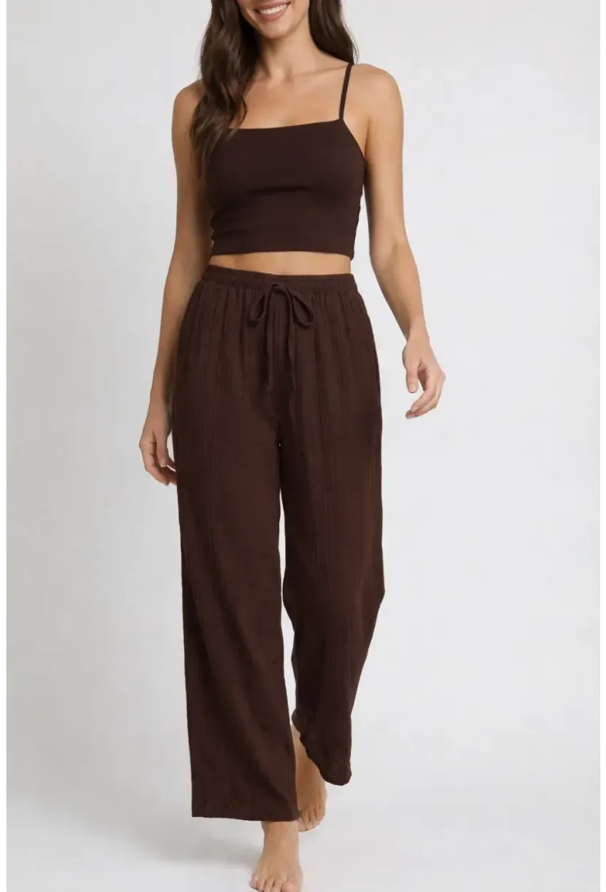 Bürümcük Kumaş Lastikli Bel Salaş Pantolon – Kahve Rahat Kesim Günlük Şıklık