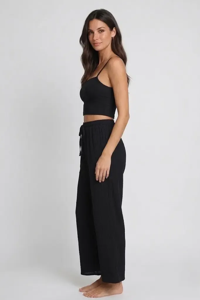 Bürümcük Kumaş Lastikli Bel Salaş Pantolon – Siyah Rahat Kesim Günlük Şıklık