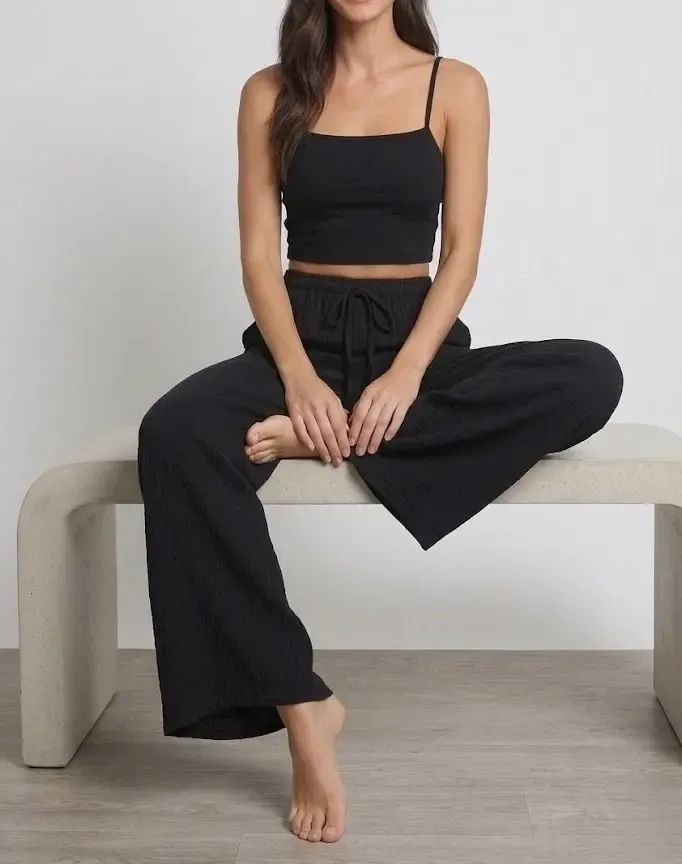 Bürümcük Kumaş Lastikli Bel Salaş Pantolon – Siyah Rahat Kesim Günlük Şıklık