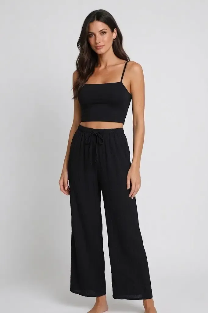 Bürümcük Kumaş Lastikli Bel Salaş Pantolon – Siyah Rahat Kesim Günlük Şıklık