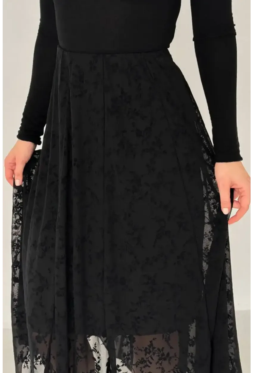 Çiçek Desenli Asimetrik Tül Etek