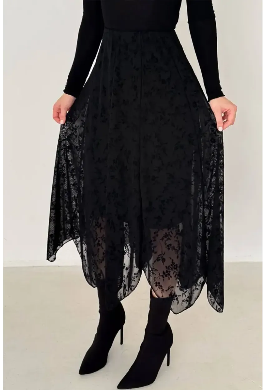 Çiçek Desenli Asimetrik Tül Etek