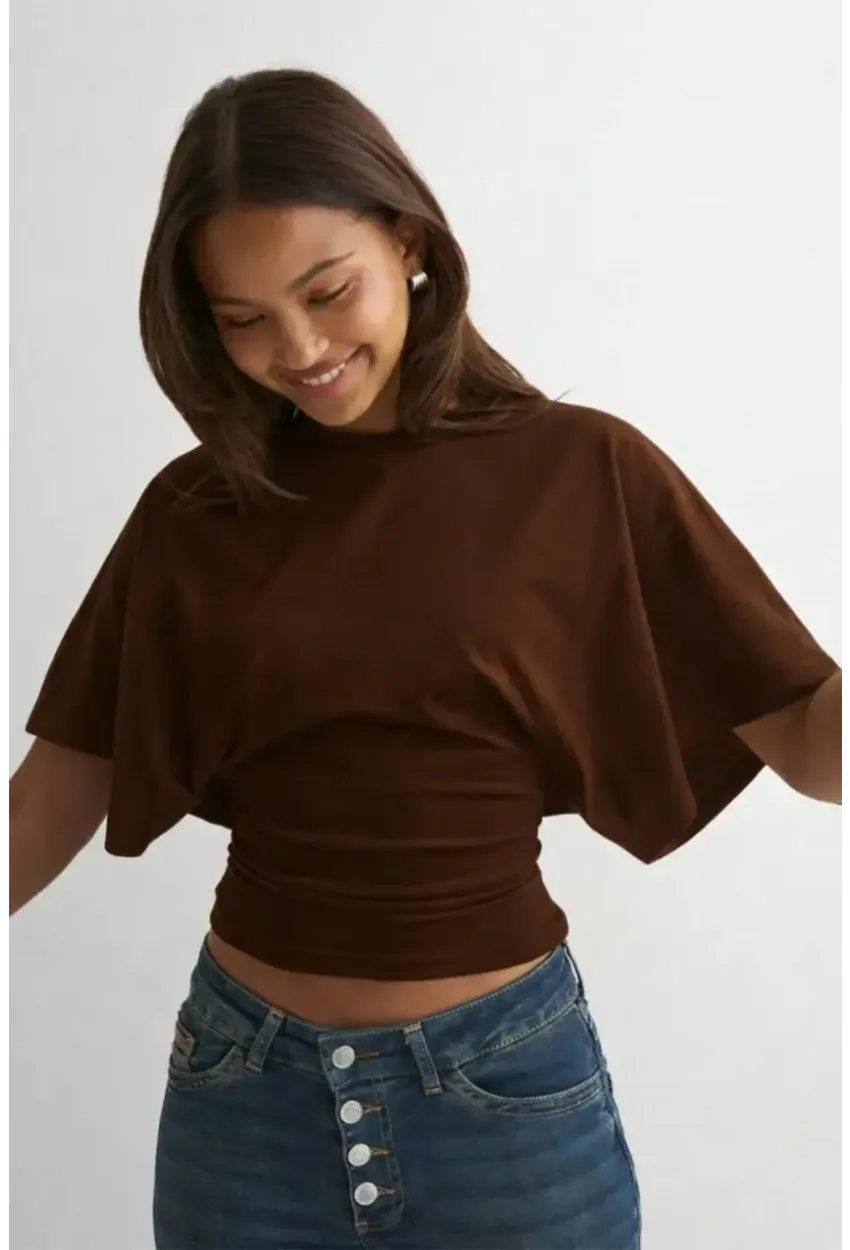 Dalgıç Kumaş Bele Oturan Bisiklet Yaka Geniş Kısa Kollu Bluz